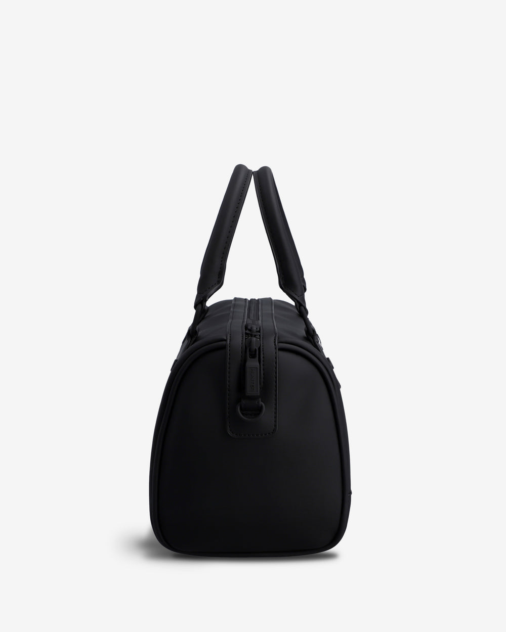 A black duffel bag with dual top handles and a front zipper closure, photographed against a clean white background.