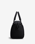 A black duffel bag with dual top handles and a front zipper closure, photographed against a clean white background.