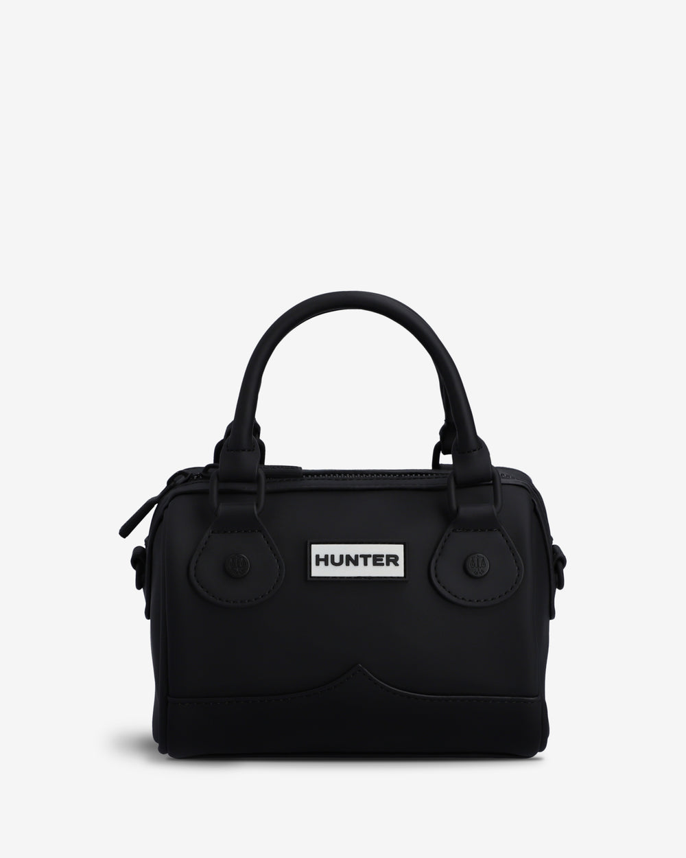 A black nylon handbag with top handles and a white rectangular logo patch on the front that reads 'HUNTER'.