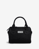 A black nylon handbag with top handles and a white rectangular logo patch on the front that reads 'HUNTER'.