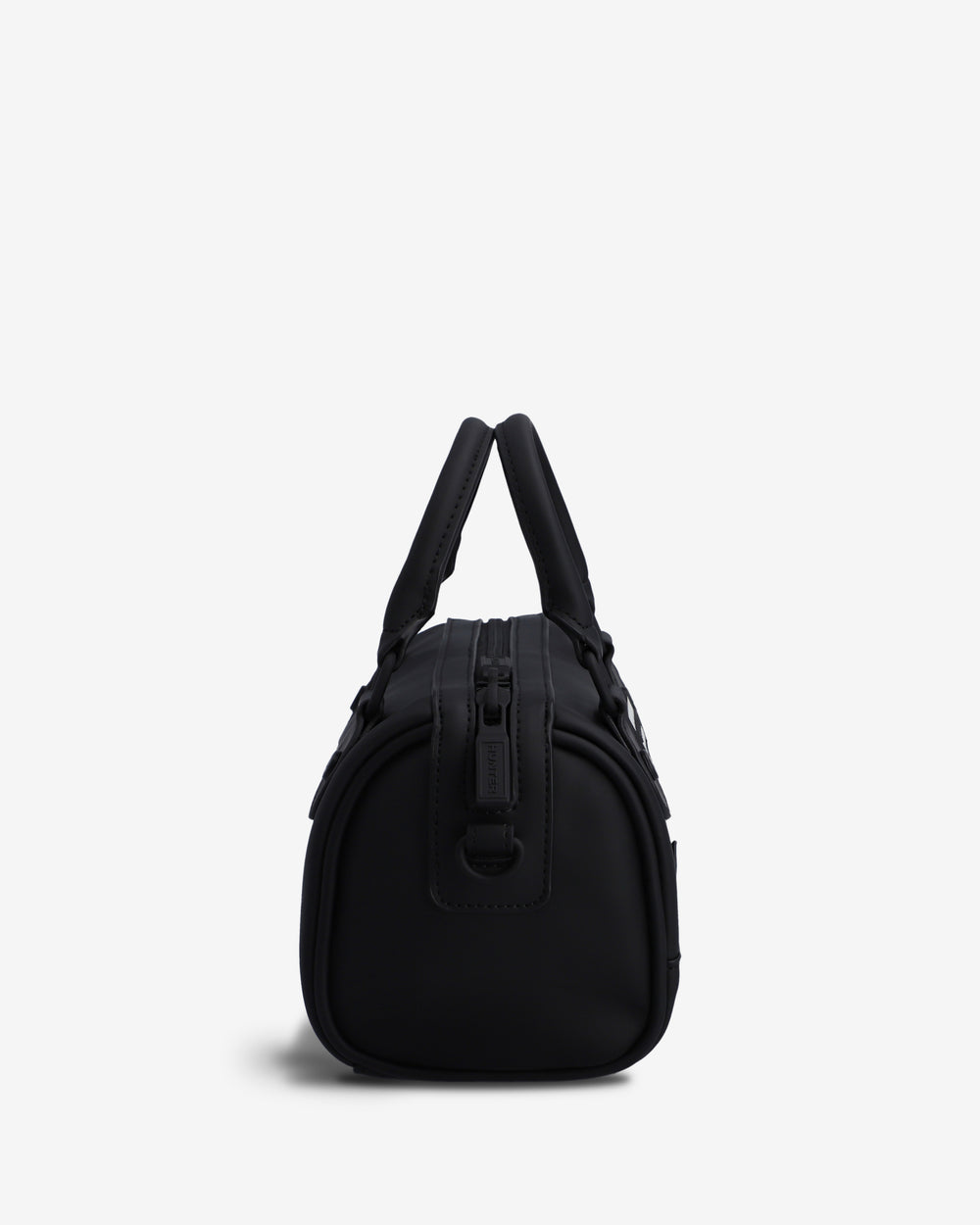 A black nylon duffel bag with dual top handles and a front zipper closure, shown from the back against a light gray background.