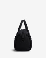 A black nylon duffel bag with dual top handles and a front zipper closure, shown from the back against a light gray background.
