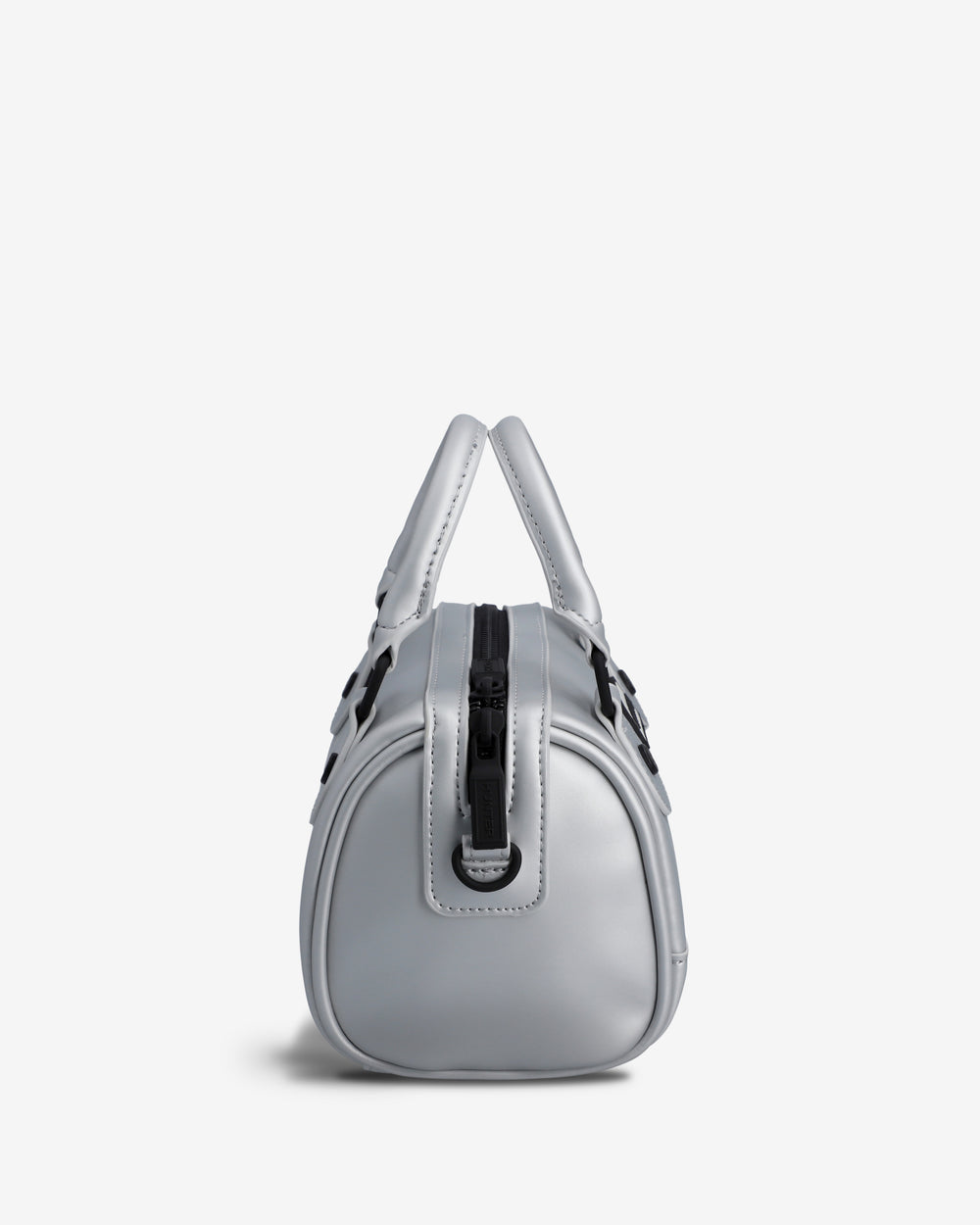A metallic silver handbag with black hardware and a central black strap detail, photographed from the back against a clean white background.