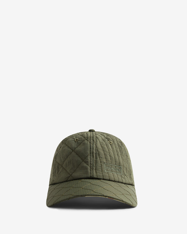 Displays the Green 'Hunter' branded Recrafted Quilted Patchwork Cap