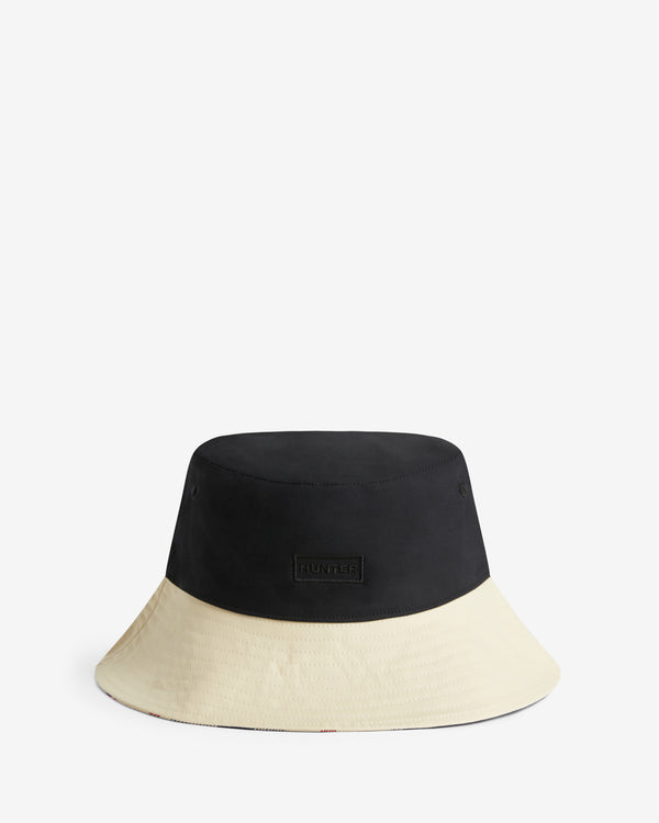 Displays the Black 'Hunter' branded Recrafted Reversible Bucket Hat