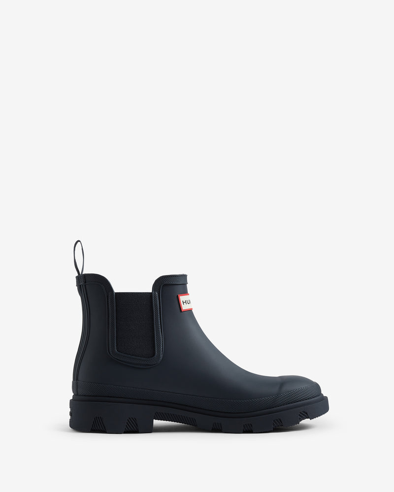 Displays the Navy 'Hunter' branded Unisex Downpour Chelsea Boot