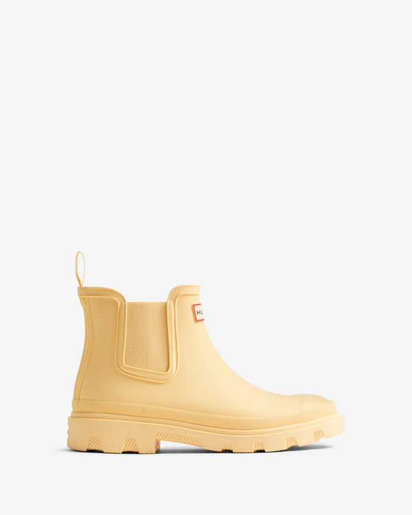 Displays the Pale Yellow 'Hunted' branded Unisex Downpour Chelsea Boot