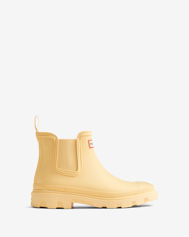 Displays the Pale Yellow 'Hunted' branded Unisex Downpour Chelsea Boot