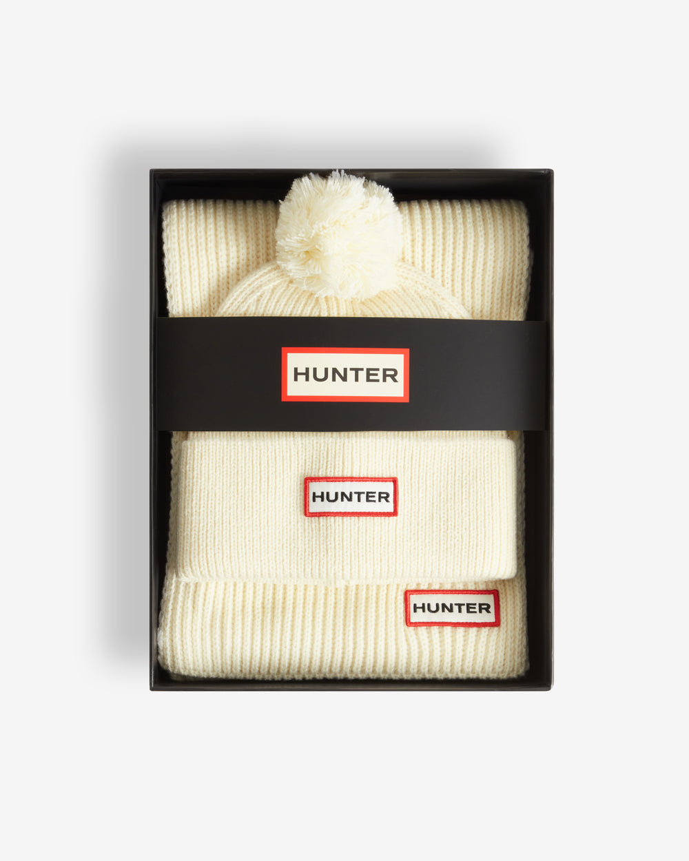 Unisex Antique White Arrinay Ribbed Pom Beanie/Scarf Box Set