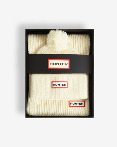 Unisex Antique White Arrinay Ribbed Pom Beanie/Scarf Box Set