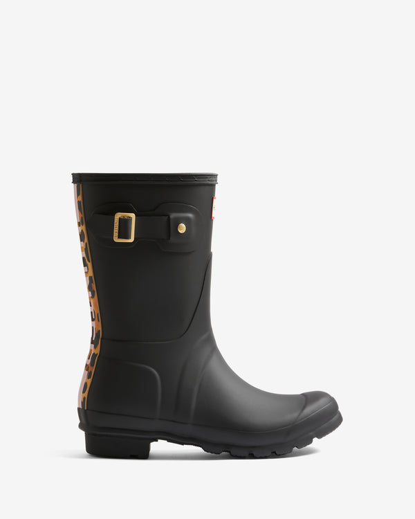 Displays the Black Leopard Print 'Hunter' branded Women's Backstrap Short Wellington Boot