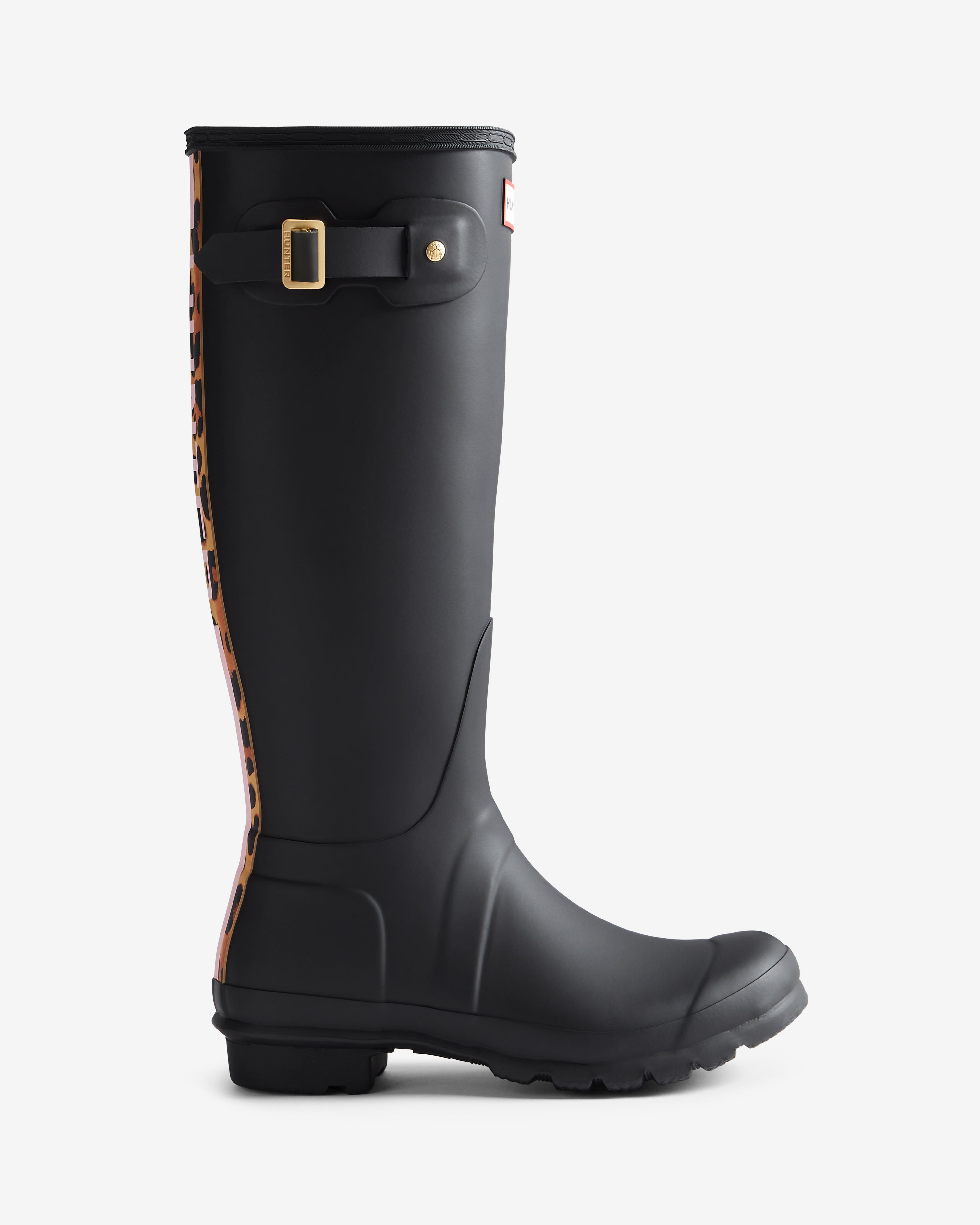 Women's Black Leopard Print Backstrap Tall Wellington Boot