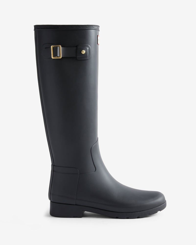 Displays the Black 'Hunter' branded Women's Refined Slim Fit Gold Trim Tall Wellington Boot