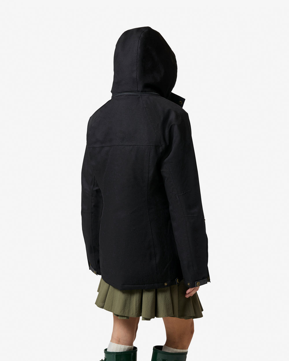 Displays a model wearing the black 'Hunter' branded Women's Original 170 Yrs Anniversary Jacket